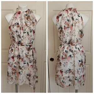 Belted halter tie neck floral mini sleeveless dress sz S